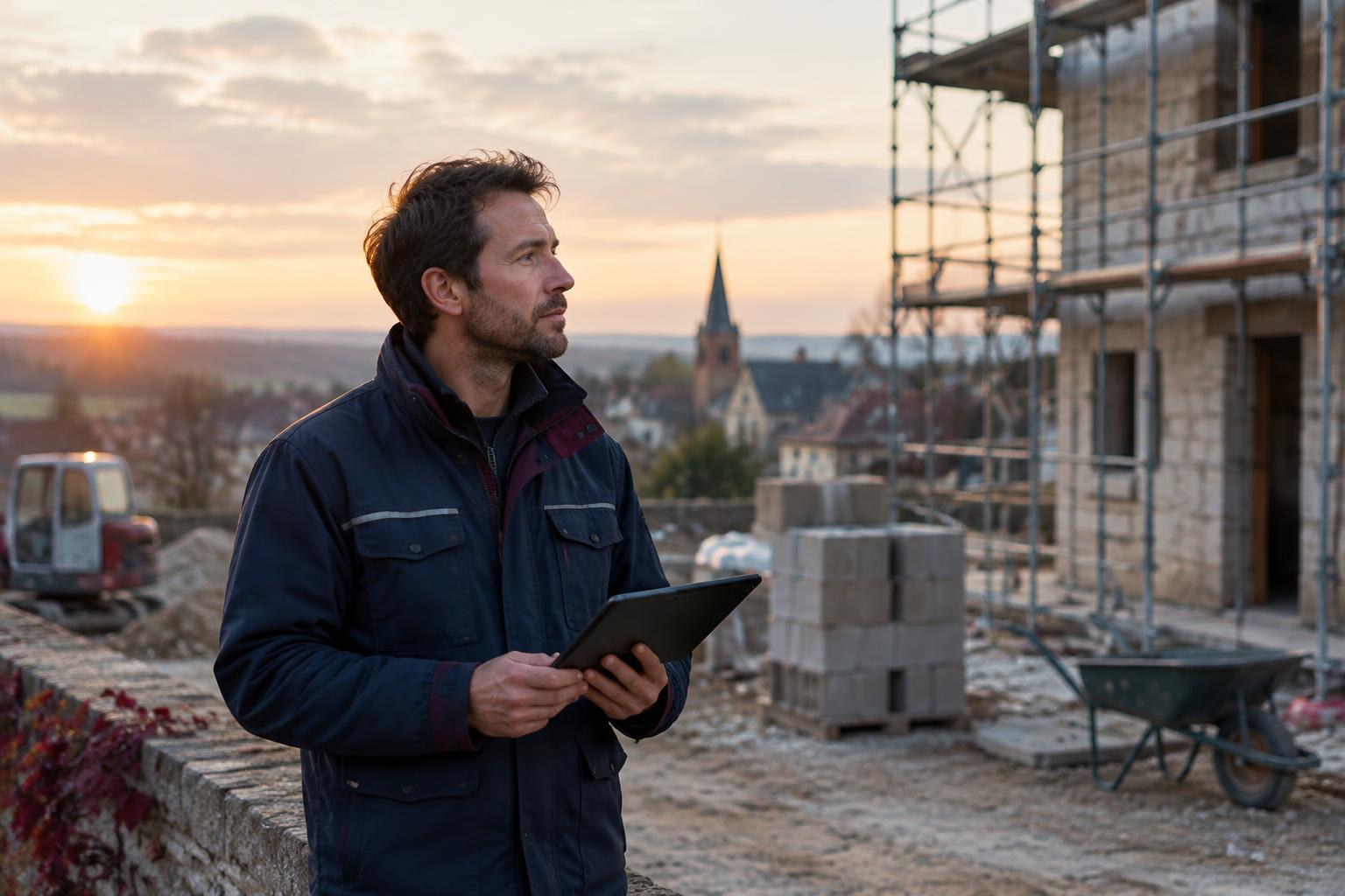 Chef de chantier avec une tablette devant un bâtiment en construction