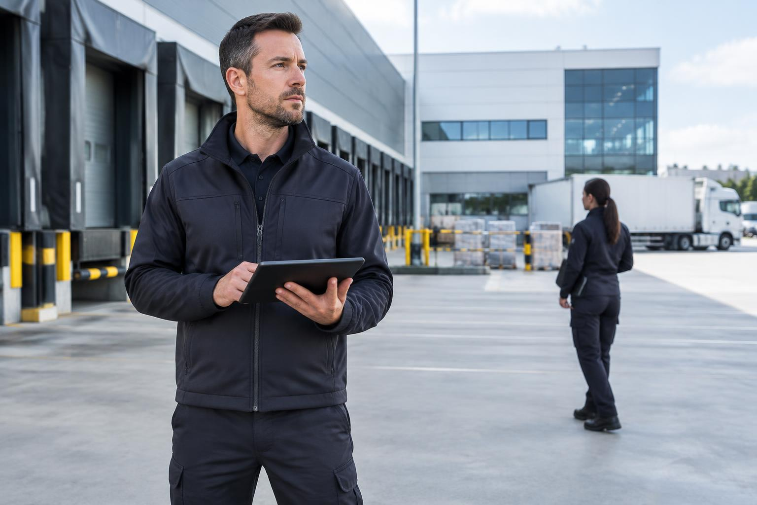 Illustration générée : responsable de sécurité privée tenant une tablette sur un site logistique
